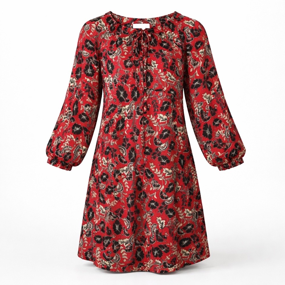 Masai Copenhagen Red Floral Tie Neck Long Sleeve Shift Tunic Dress Size LPockets